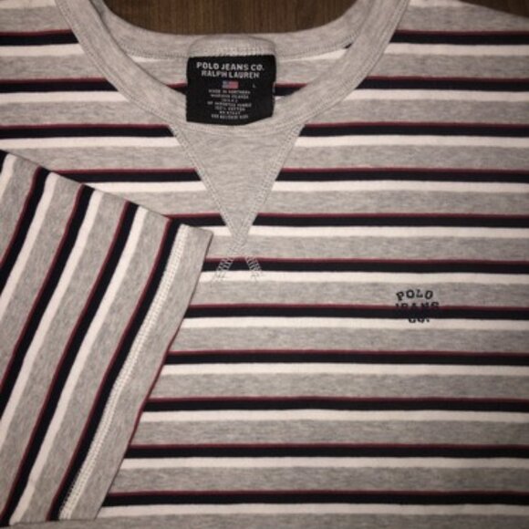 Polo Jeans Company Ralph Lauren Striped Gray Red Black T Shirt With Logo Vtg USA - Picture 1 of 9